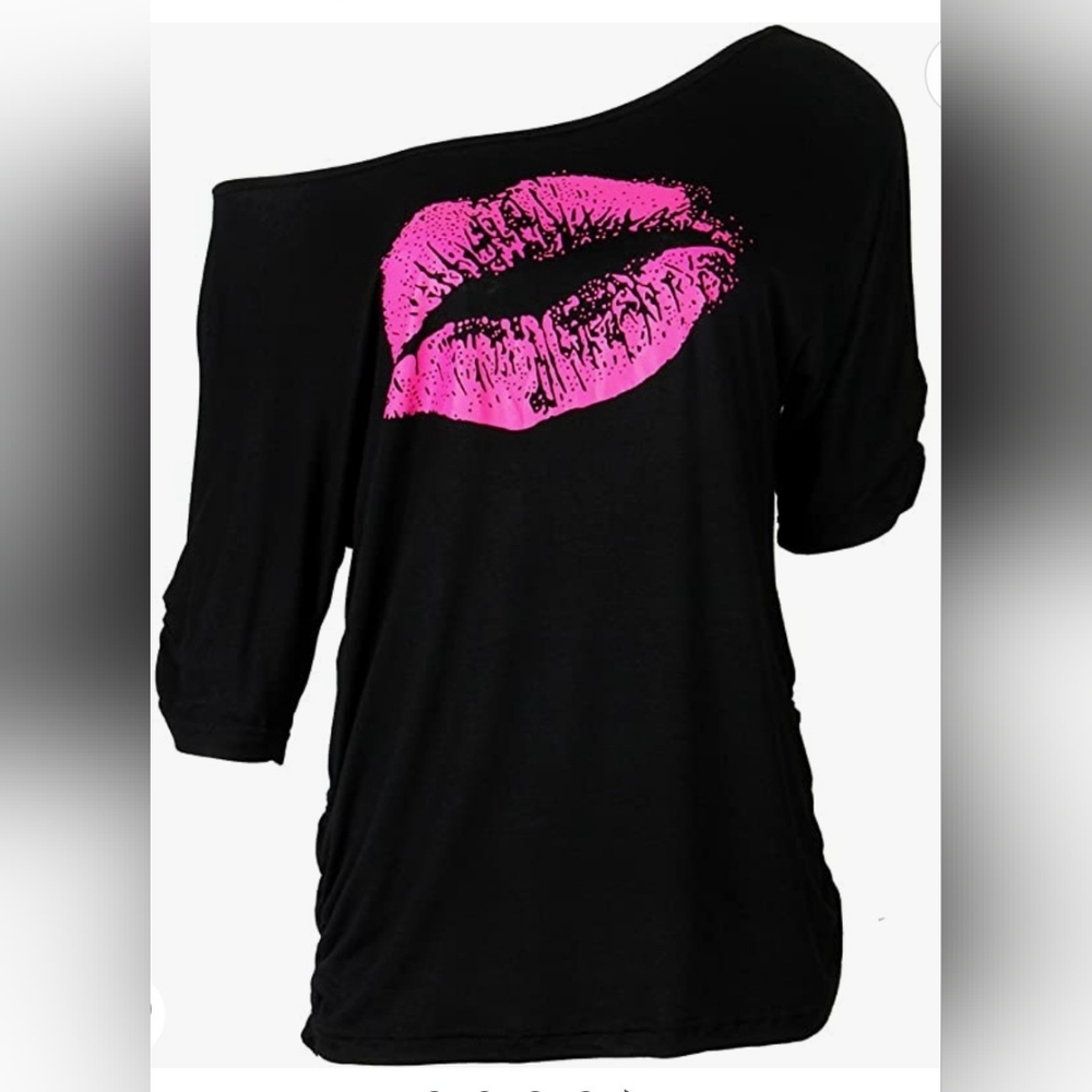Women's Off Shoulder Sweatshirt - Pink Lips Pullover Shirt, Black, Large NWOT